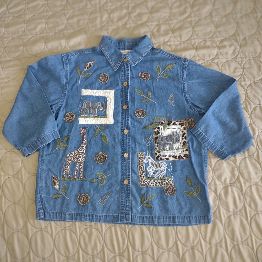 Y2K Dressbarn Safari Animal Embroidered Denim Shirt Large 100% Cotton